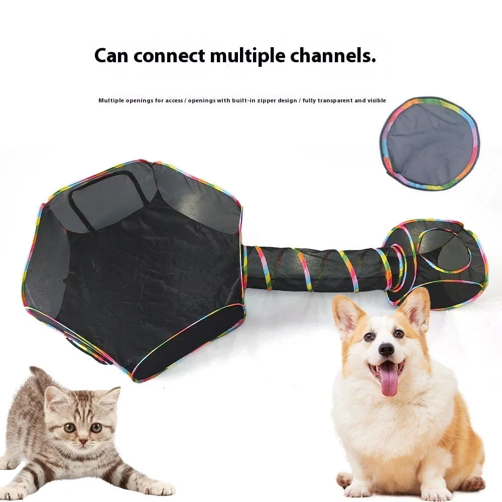 Foldable mesh cat roll cage pet toy shown in hexagonal, tee, tent, long straight and square model designs.