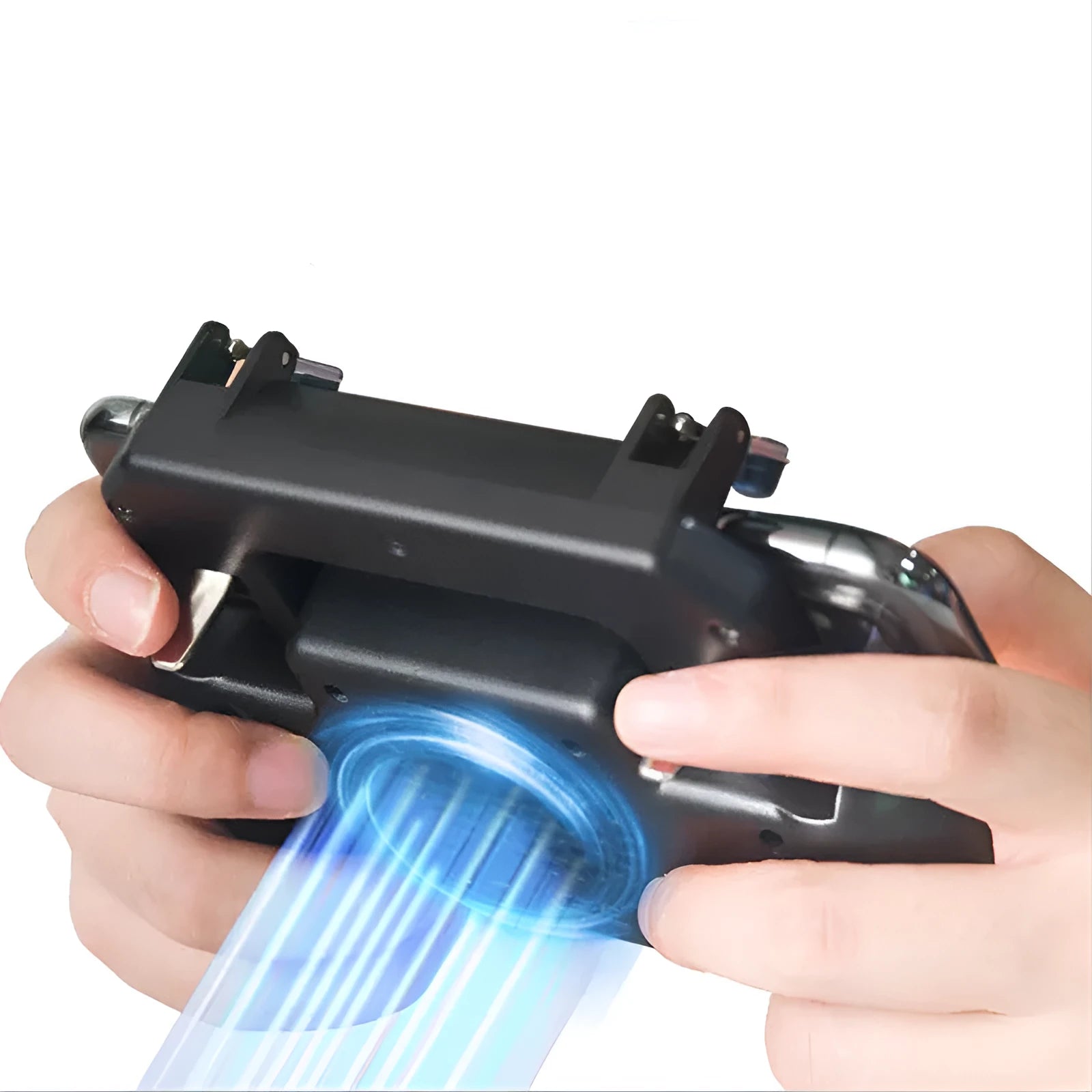 A black mobile phone game controller with USB cable and physical buttons on a compact body.