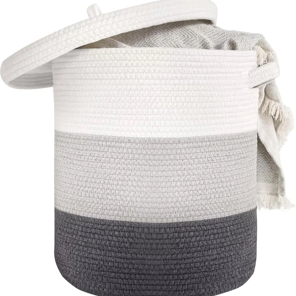 Extra large cotton string laundry basket with lid in brown, grey, zebra or colour matching, woven cotton thread storage hamper