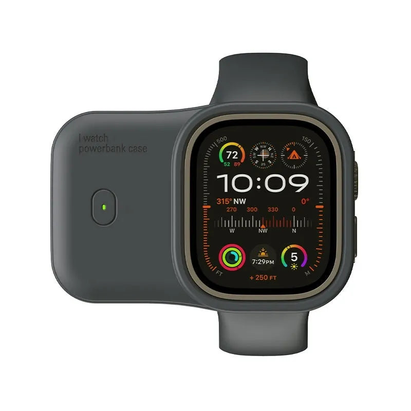 Apple Watch portable wireless charging case with silicone protective cover in Brown, Midnight Blue, or Starlight.