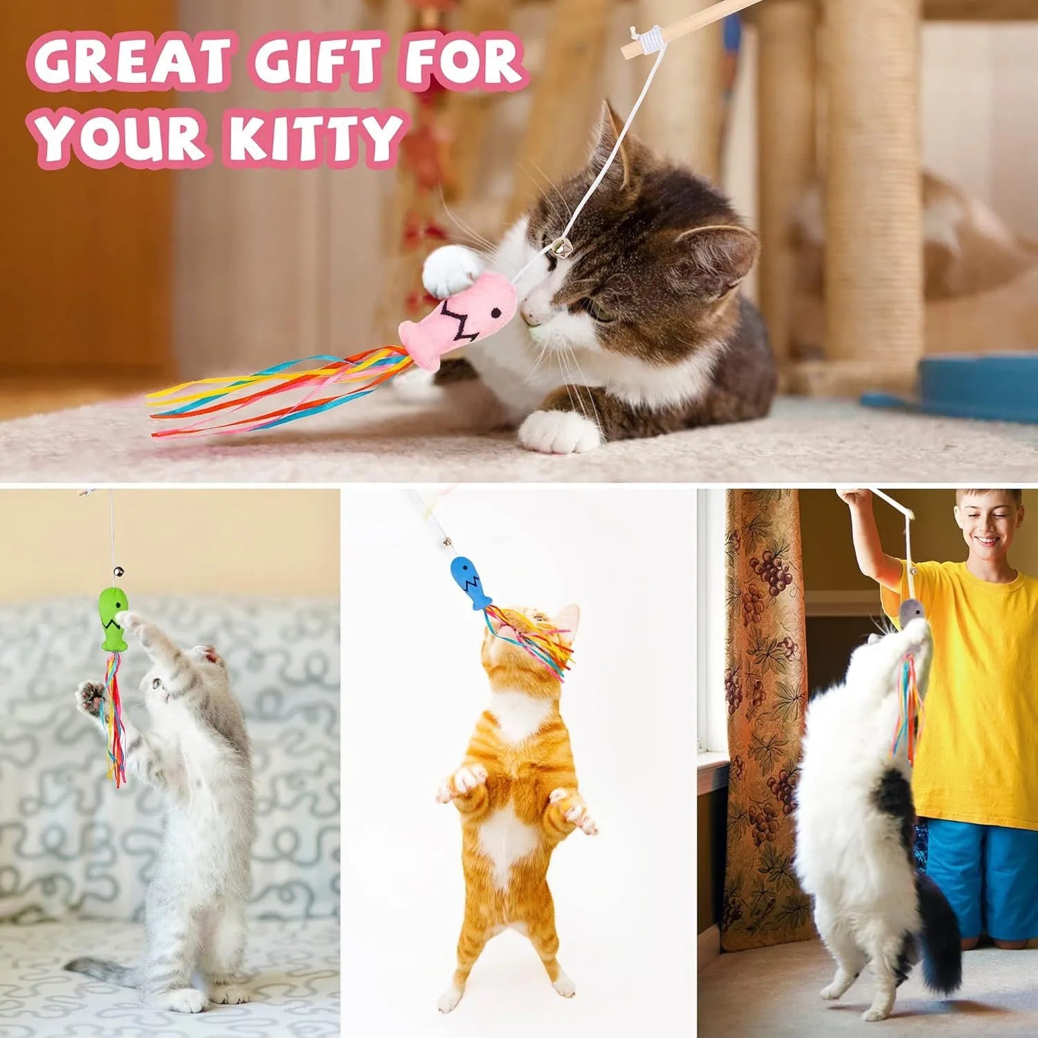 Blue cat wand toy with wooden handle, elastic string, catnip fish, ribbons, and bell.