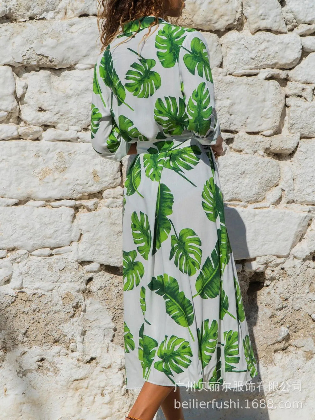 Women's printed chiffon A-line dress with V-neck and high waist design