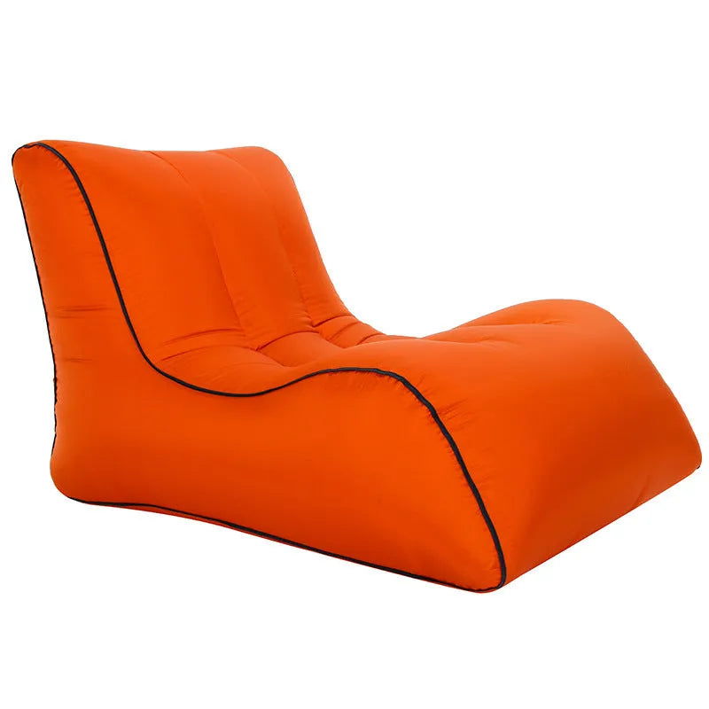 Portable inflatable air sofa in black, 210T nylon, 200KG load, 0.94KG, 5-second inflation, U-shaped support.