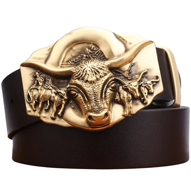 Cowhide leather belt with copper smooth buckle in black colour glossy finish
