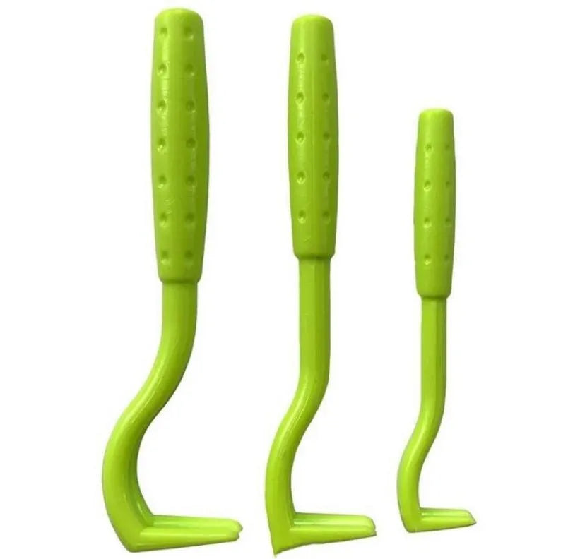 Three blue and green plastic pet tick removal tools with hook design on a white background