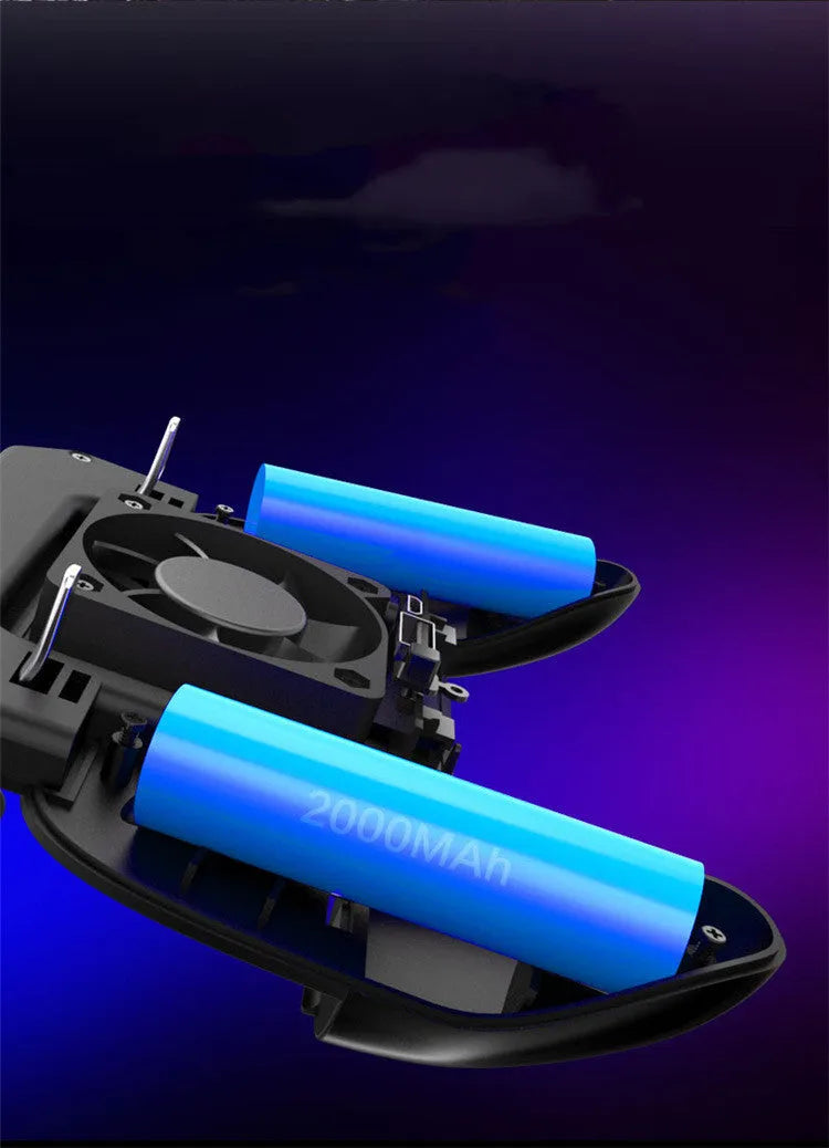 A black mobile phone game controller with USB cable and physical buttons on a compact body.