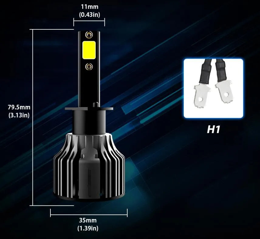 Car LED headlight bulb kit showing 6000K white light, 72W high power, and plug-and-play connectors.