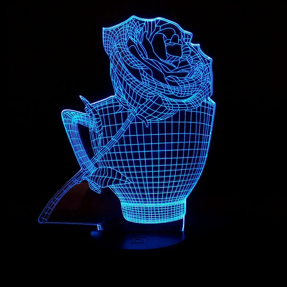 3D rose flower night light with acrylic panel and ABS base showing colour options