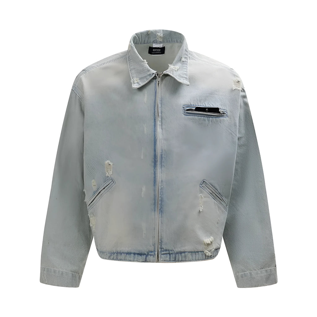 Punk worn out denim jacket in light blue for men, loose fit with long sleeves and straight hem