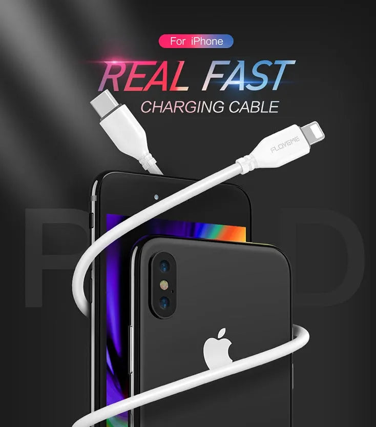 White USB-C to Lightning charging and data cable for iPhone, 1.5 metres long.