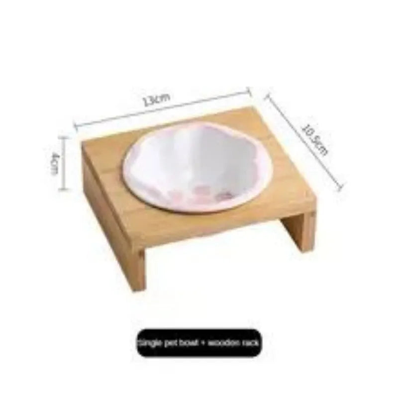 Raised pet bowl with bamboo frame and hand coloured ceramic bowl for cats and small dogs in blue, pink or yellow