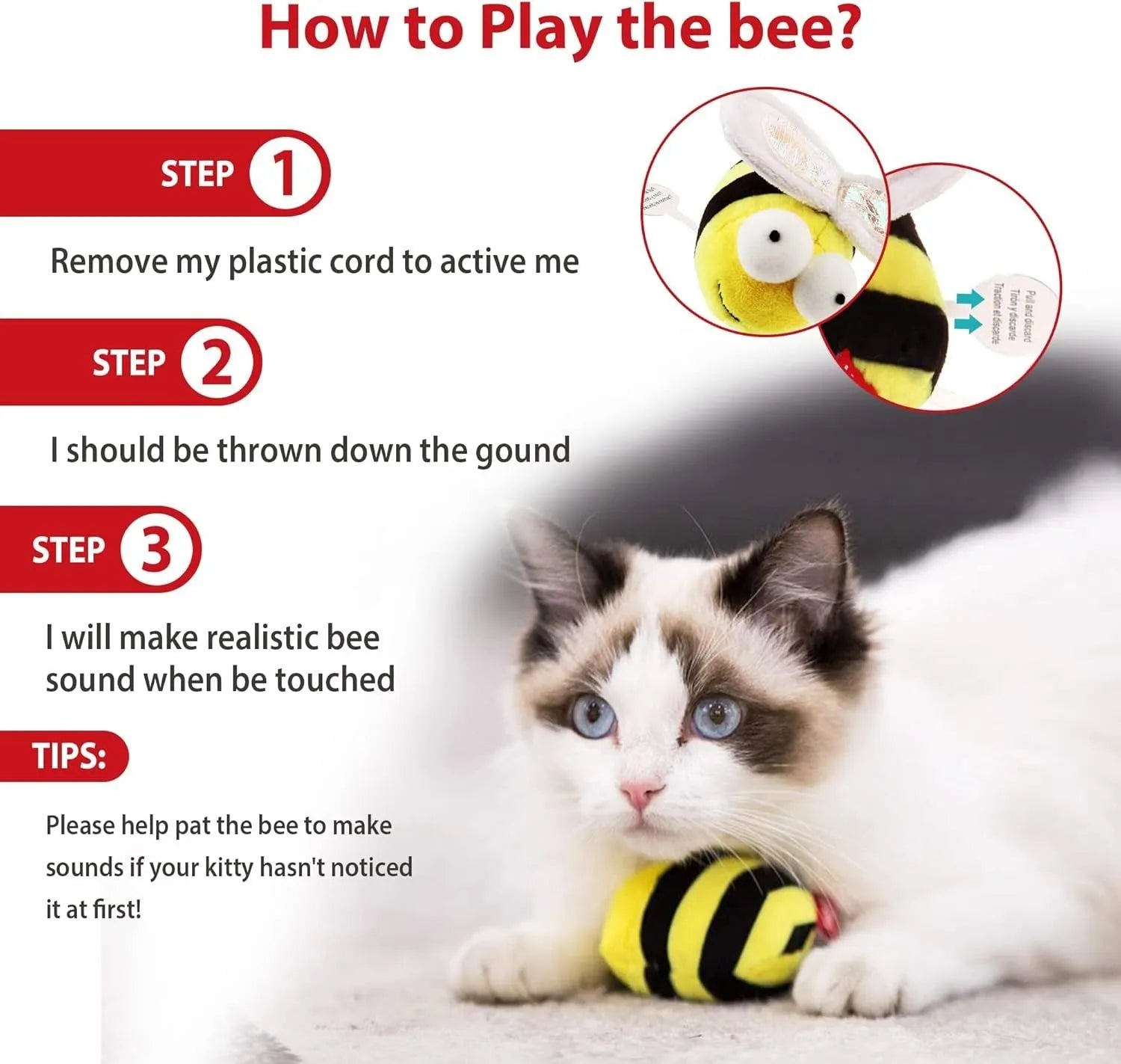 Yellow bee-shaped flannelette cat toy with motion-activated squeaking feature for interactive indoor play