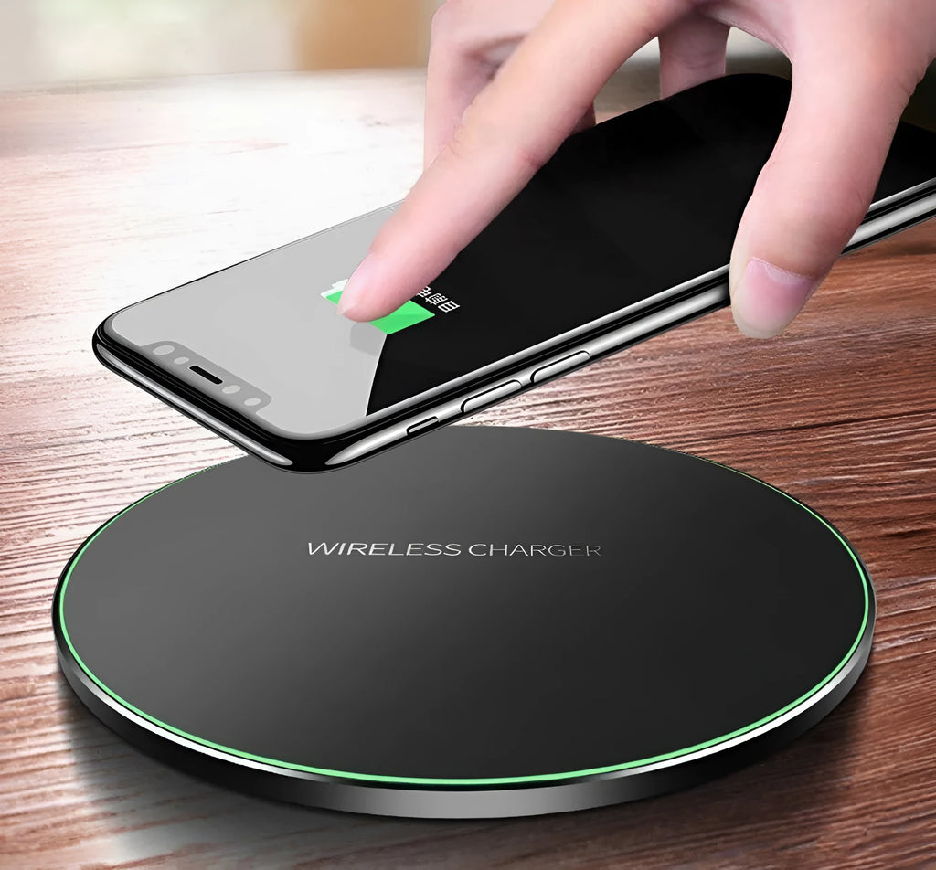 Ultra-thin black wireless fast charging pad measuring 98mm square with USB cable