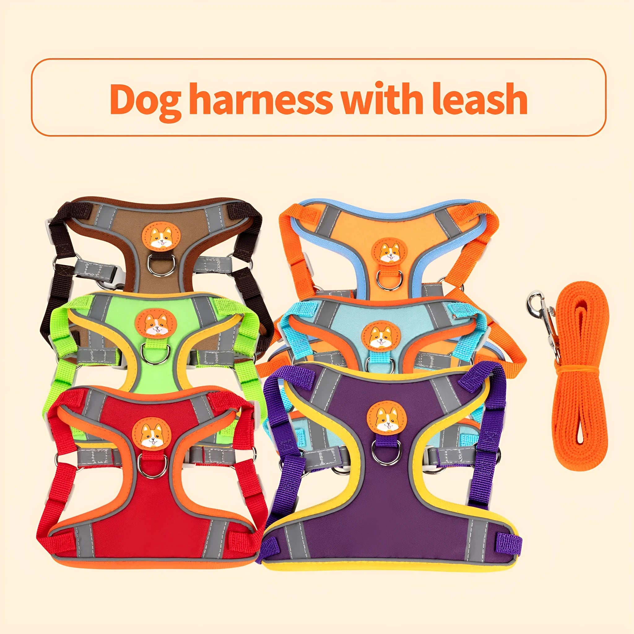 Adjustable dog chest strap harness with haulage rope in purple, shown on a model dog.