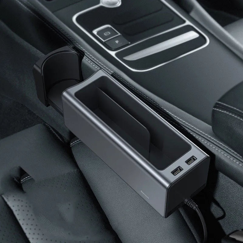 Baseus Zhizhen Metal Armrest Box Storage Box in black on a car seat armrest