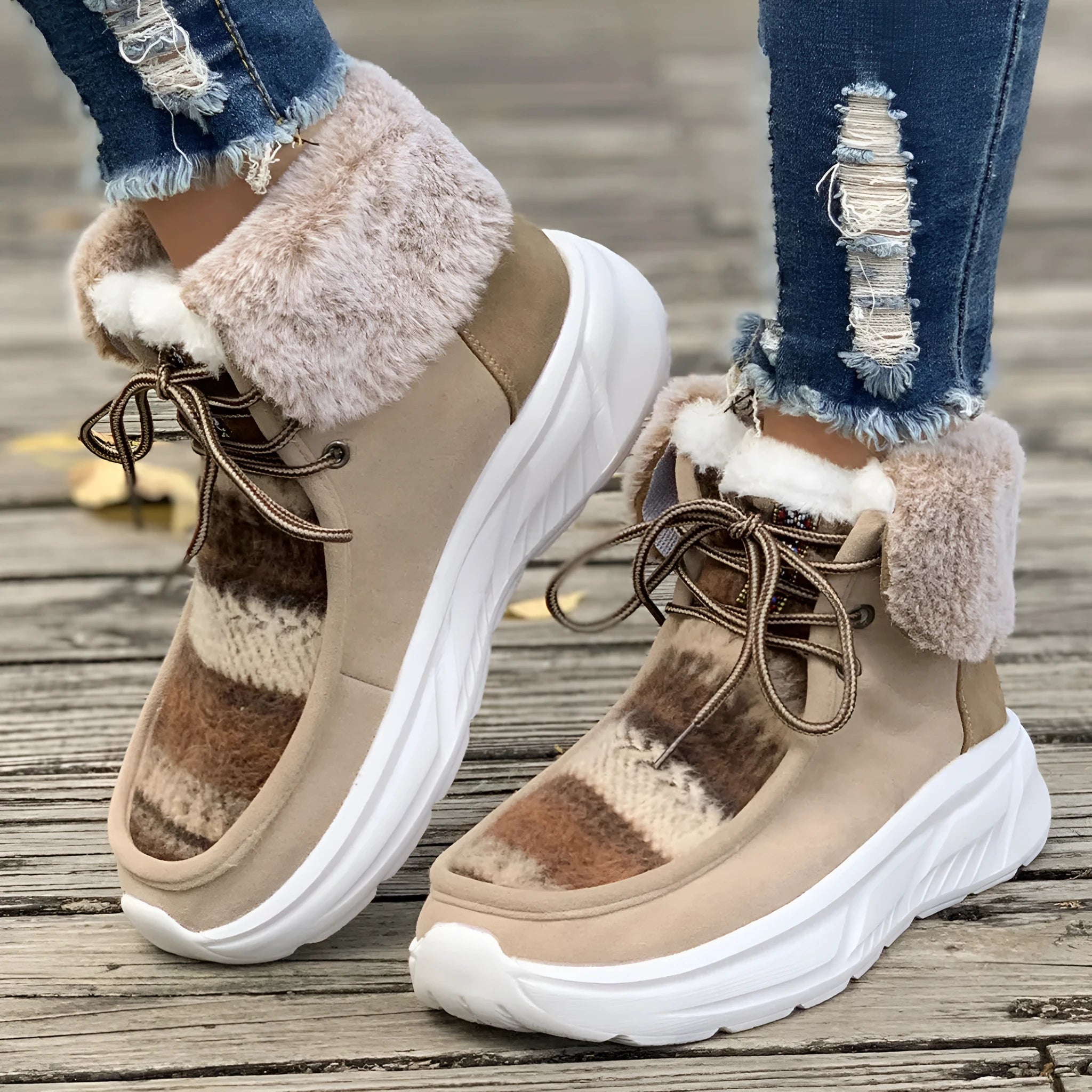 Women's beige lace-up snow boots with suede upper and thermal plush lining on a rubber sole.