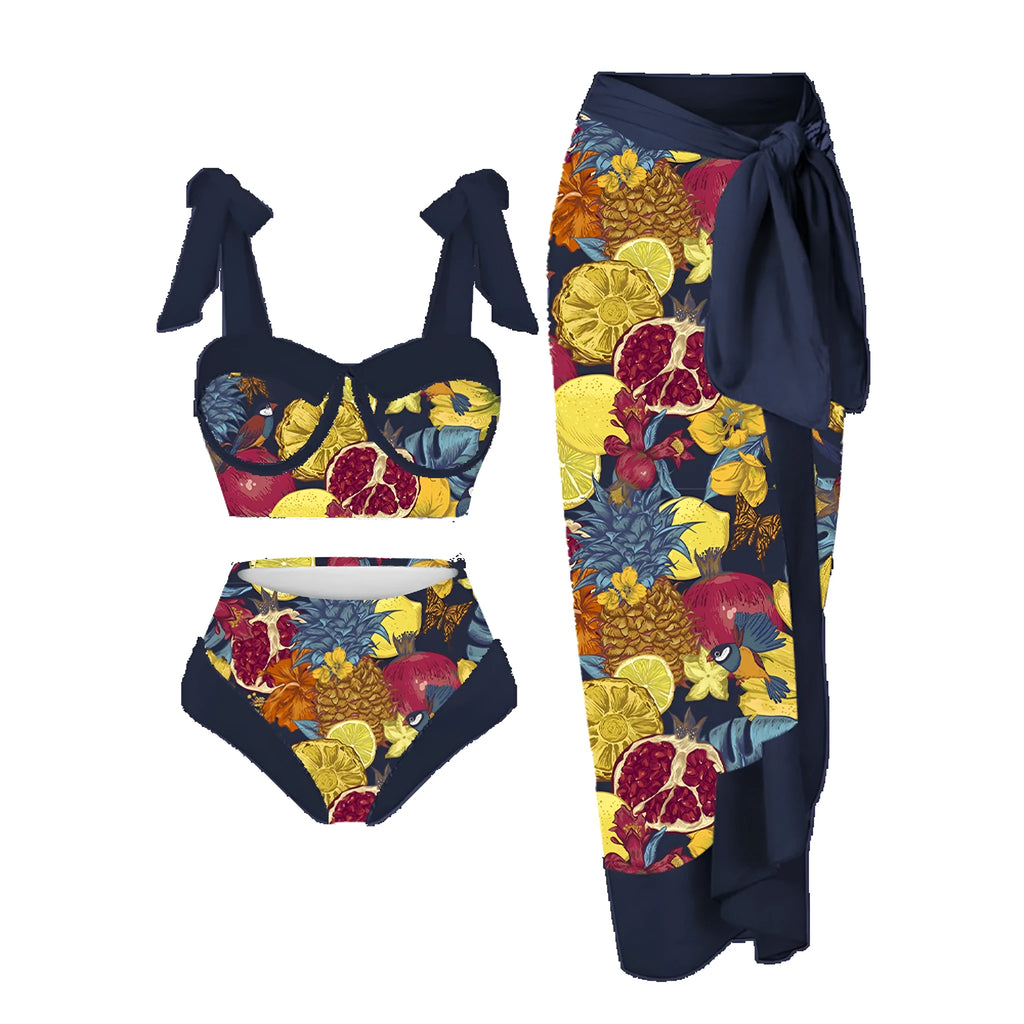 Women's printed split swimsuit three-piece set showing skirt, bra and panties in polyester fabric