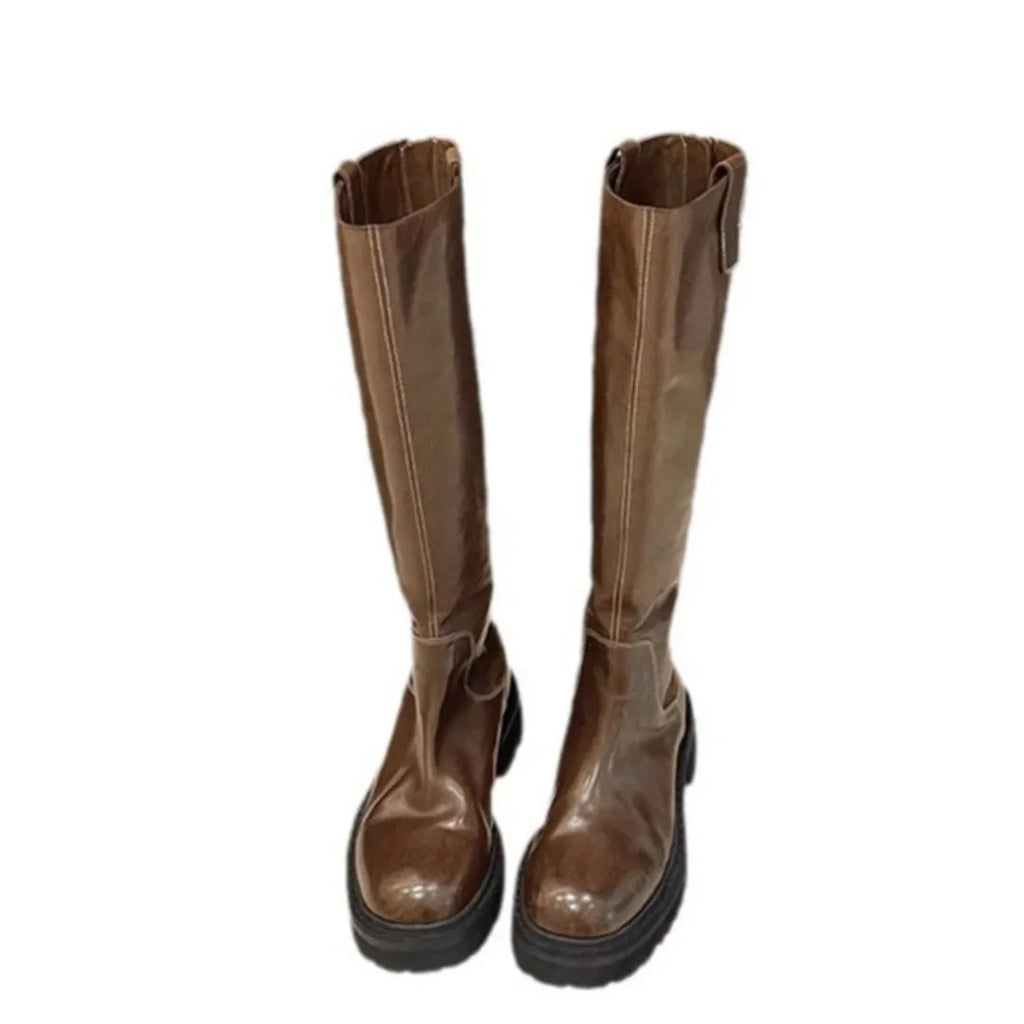 Round head thick bottom chunky heel long tube knight boots in black with back zipper