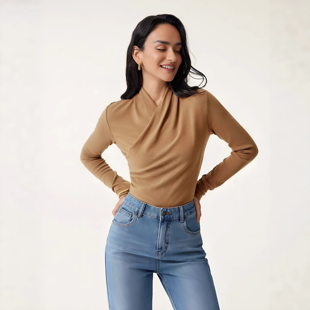 Camel colour women's slim fit pullover sweater with long sleeves