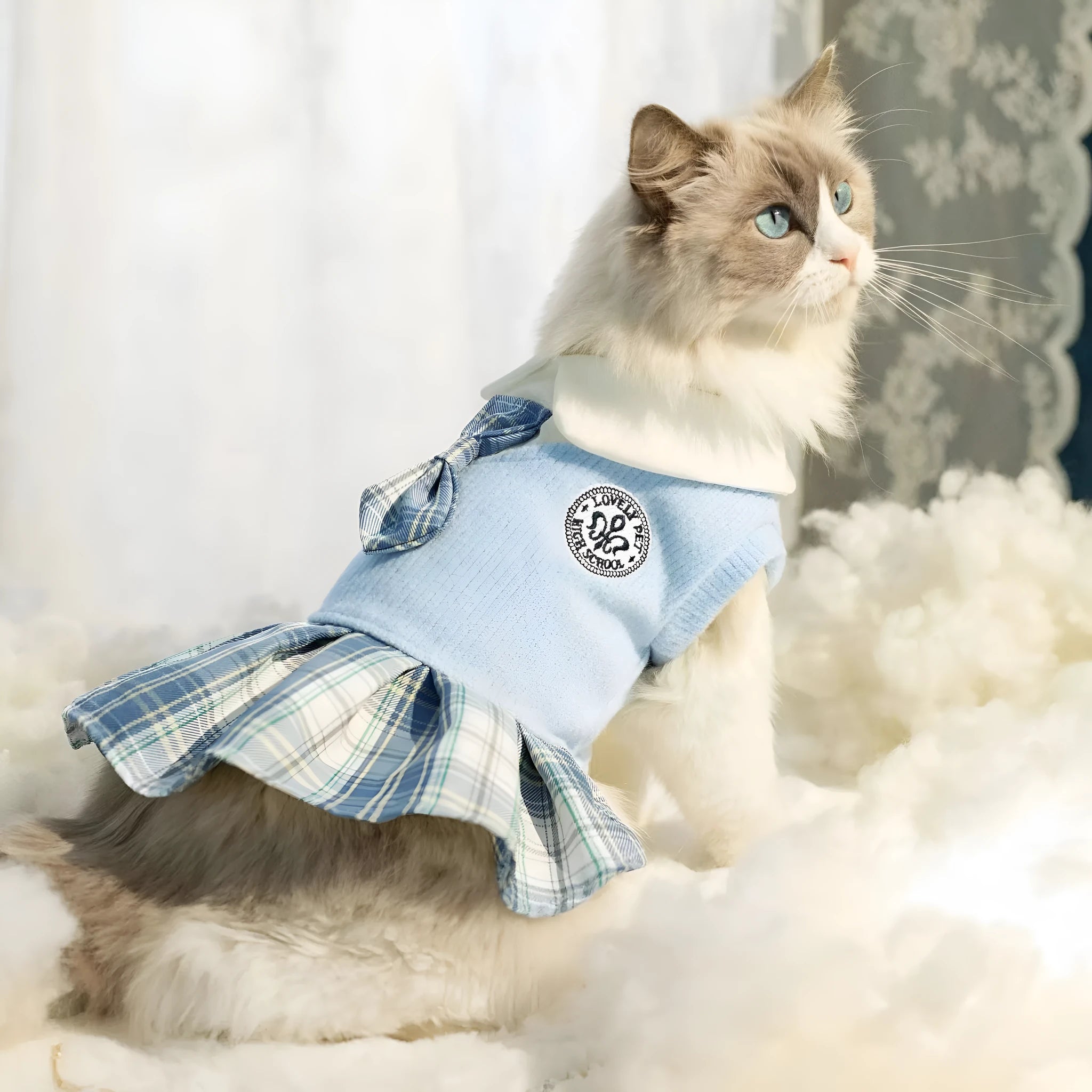 Pink, blue, and green tartan princess skirt for dogs and cats on a white background