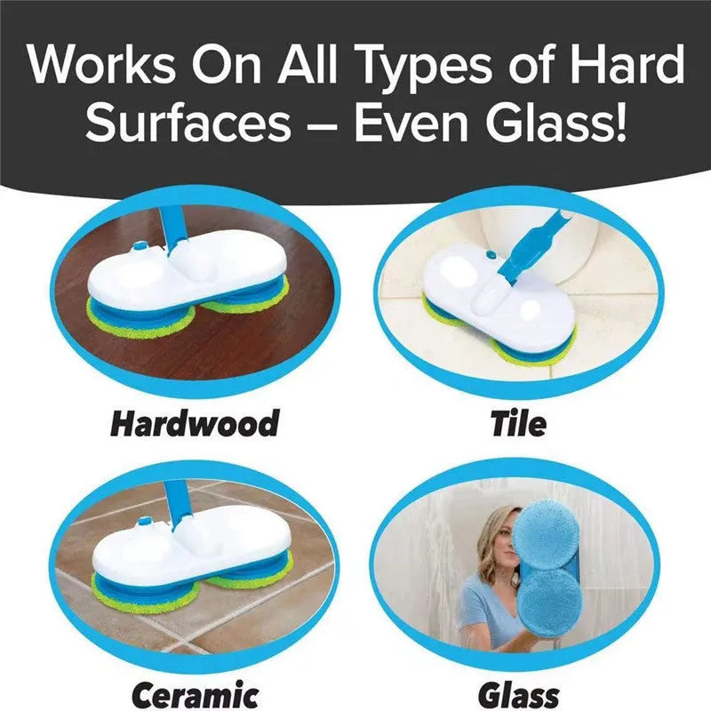 Handheld wireless electric floor mop with USB charging port and set of microfiber, scrubbing, and polishing pads.