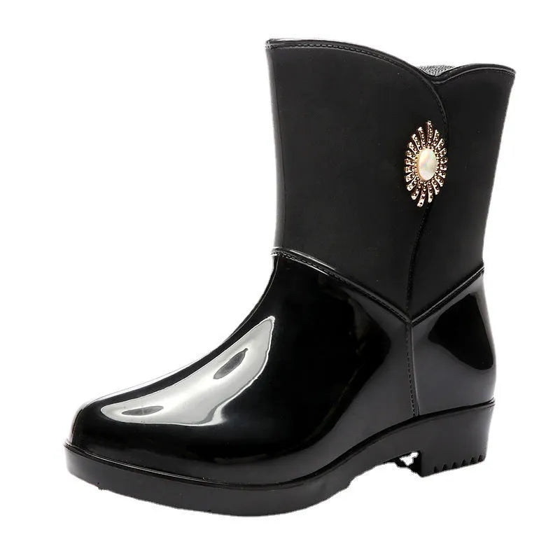 Women's purple PVC fashion rain boots with non-slip sole and low tube socks design