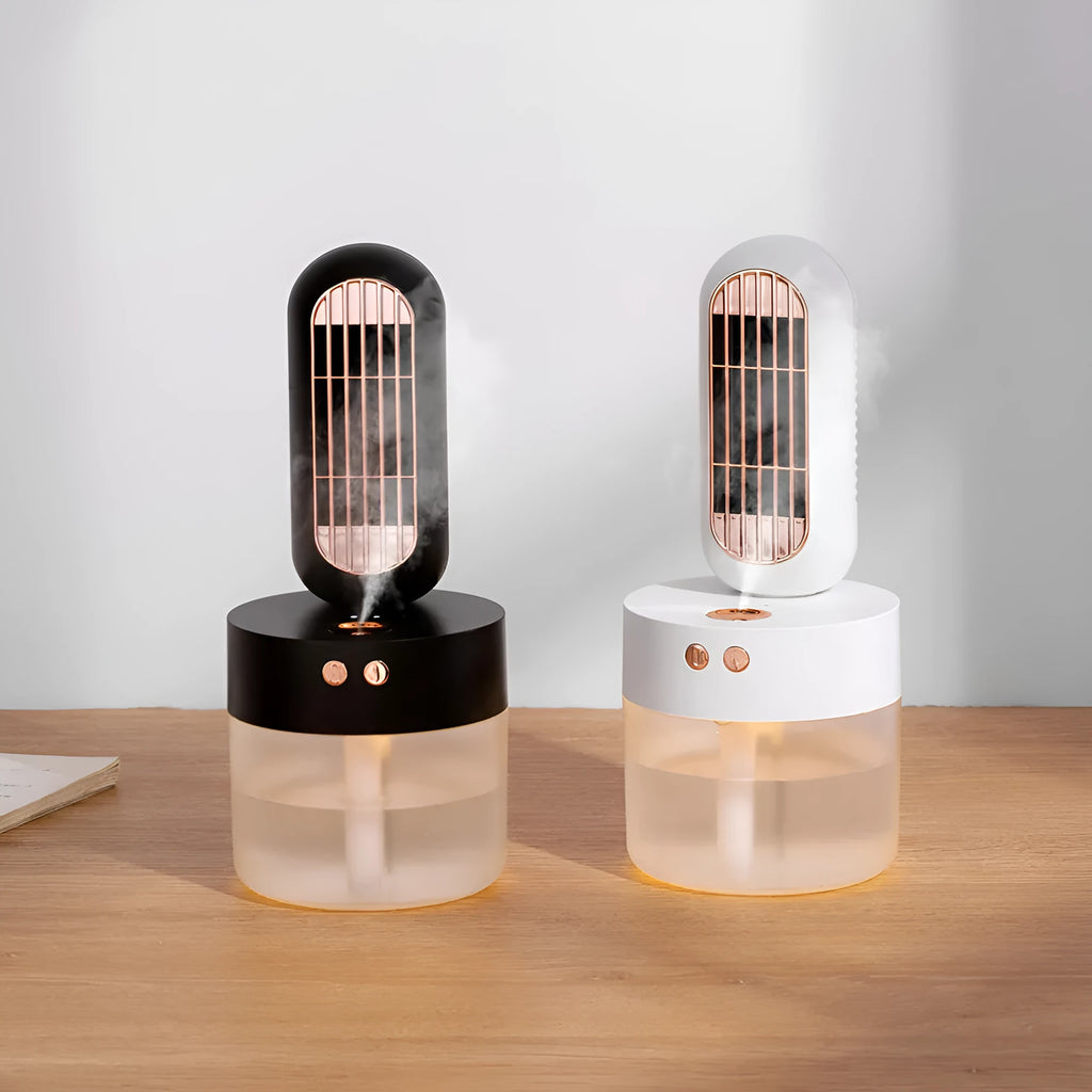 Small oscillating humidifier fan with USB rechargeable function, two-speed mechanical control, available in black