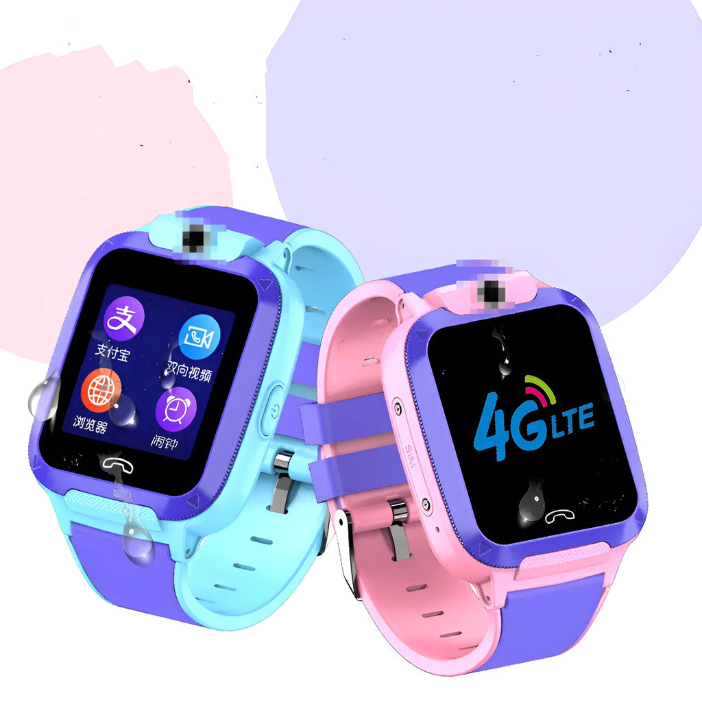 Children's smartwatch with GPS and video calling on a 1.44-inch touch screen, shown in blue or pink colour options.
