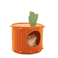Carrot-shaped grey felt cat nest tunnel with a round entry hole, shown in medium and large sizes.