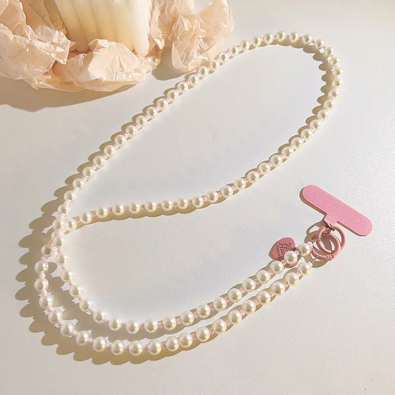 Pink beads pearl spacer love charm crossbody mobile phone lanyard with wristband and clip