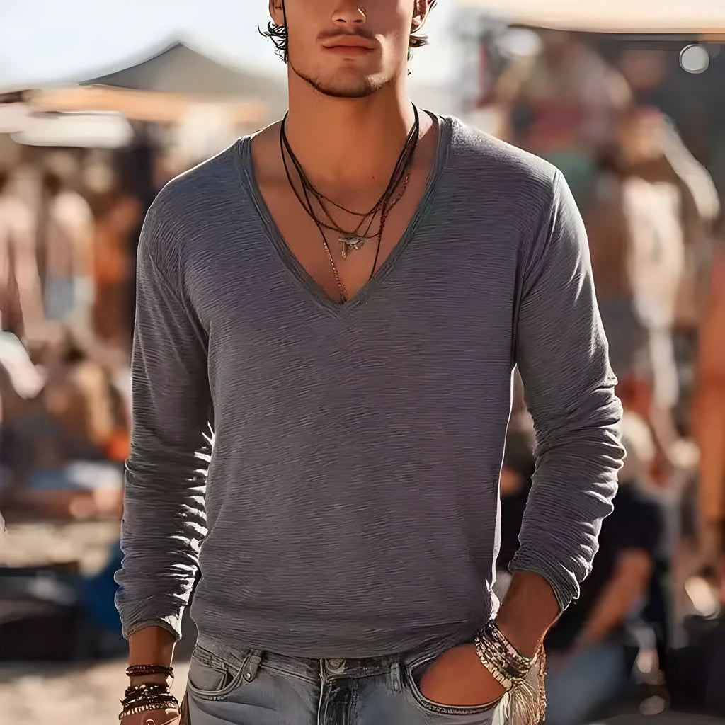 Men's grey long sleeve sports T-shirt with digital print on front