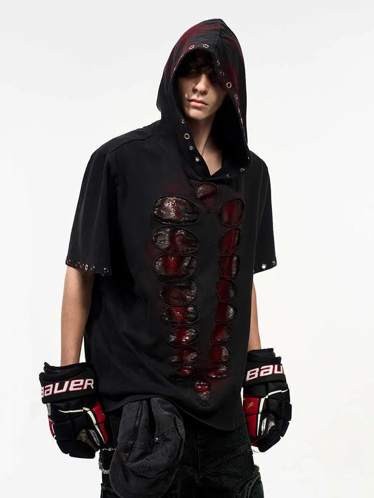 Black men's hooded t-shirt with cut sequin detailing and short sleeves in loose fit