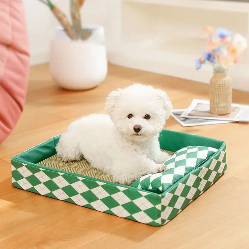 Blue rattan cat litter mat bed with integrated fabric cushion, shown in a large size.