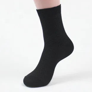 Men's bamboo fibre business socks with small square pattern in black, grey blue, iron grey, navy blue, and silver grey.