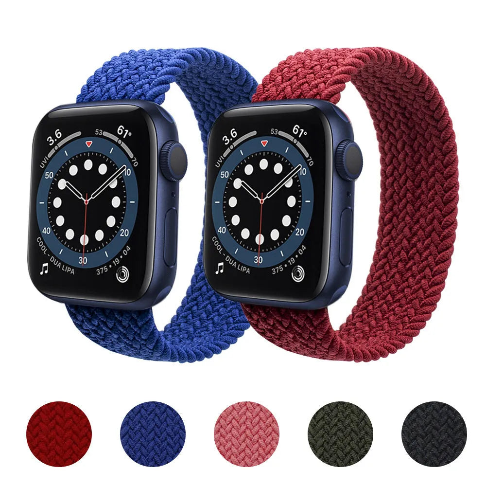 Apple Watch compatible woven nylon strap with plastic head in red, pink, blue, army green, black.
