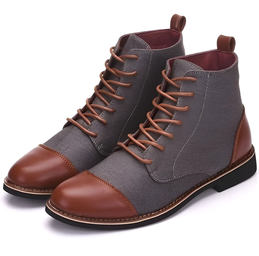 Leather motorcycle boots with buckle details in black, blue, grey, and khaki colours