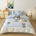 Cartoon Schnauzer dog pattern embroidered cotton bedding set with quilt cover, flat sheet, and pillowcases.