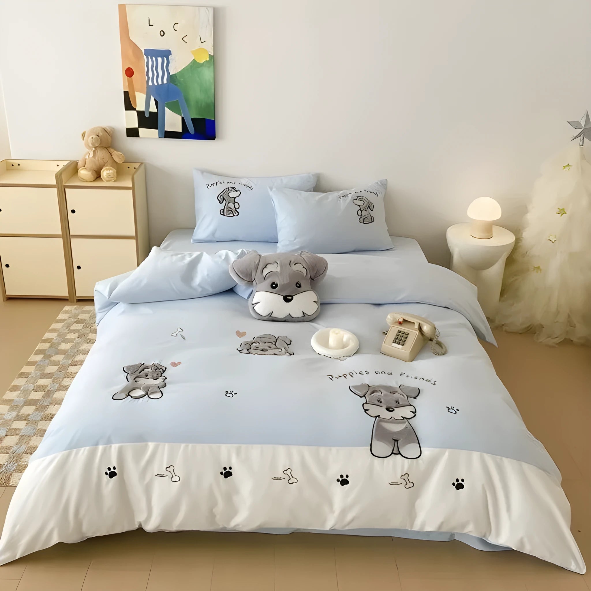 Cartoon Schnauzer dog pattern embroidered cotton bedding set with quilt cover, flat sheet, and pillowcases.
