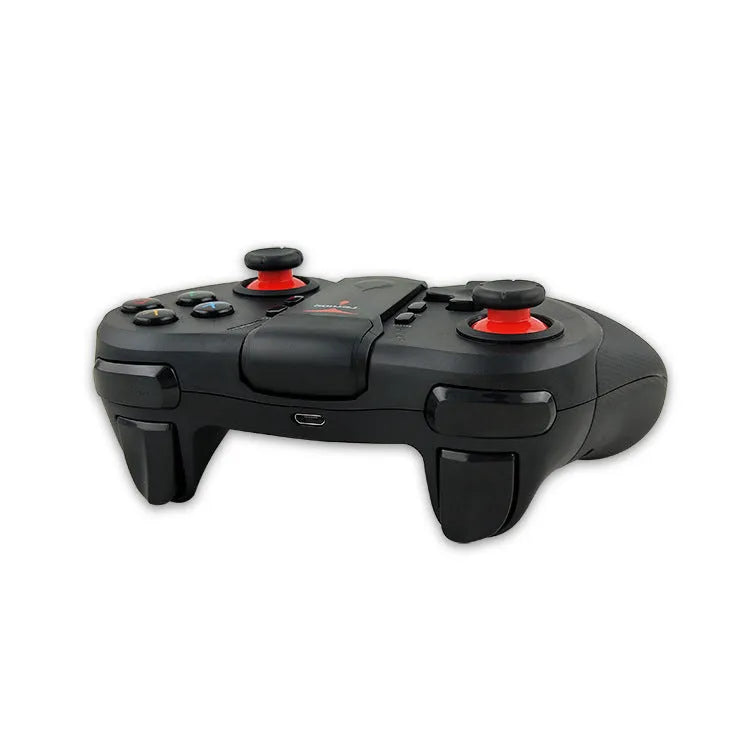 Black wireless Bluetooth game controller for Android iOS PC, 17.5 cm long, on light background