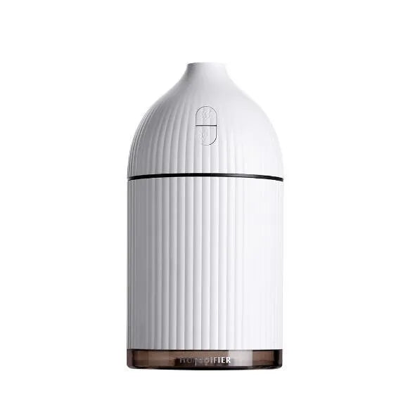 White ultrasonic aromatherapy diffuser and humidifier with LED light, 300ml capacity, and USB cable