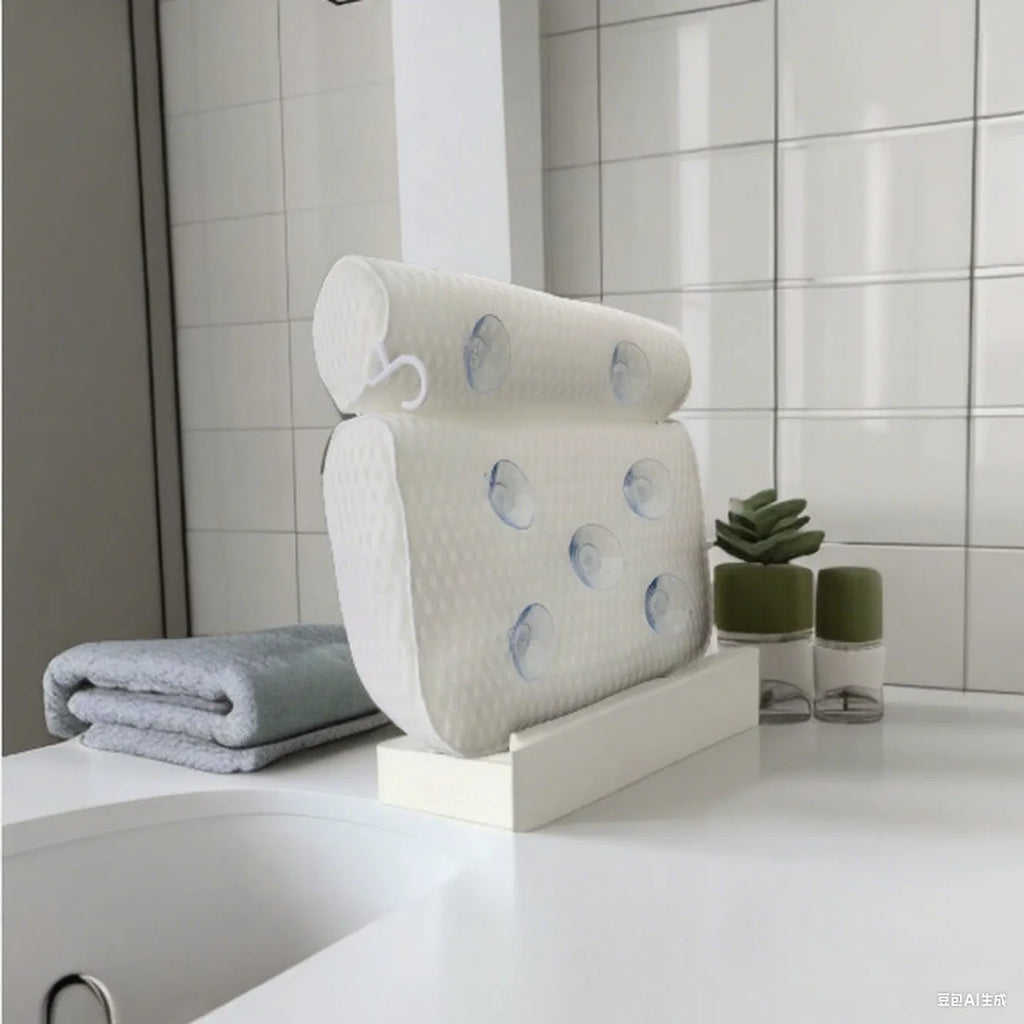 White 4D mesh bathtub pillow with suction cups on a bathtub.