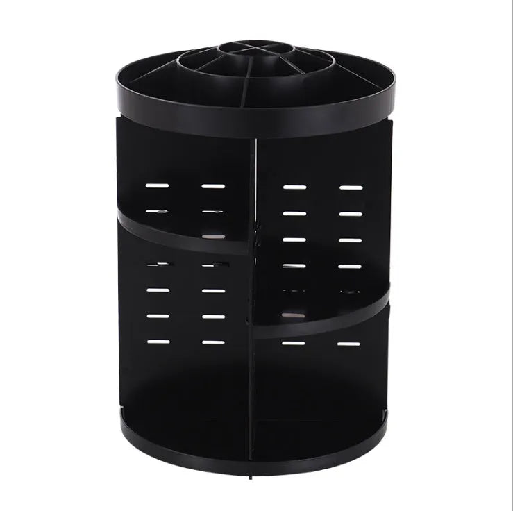 360 rotating makeup organizer with diamond wave pattern and detachable spinning storage shelf in black, white, or transparent options