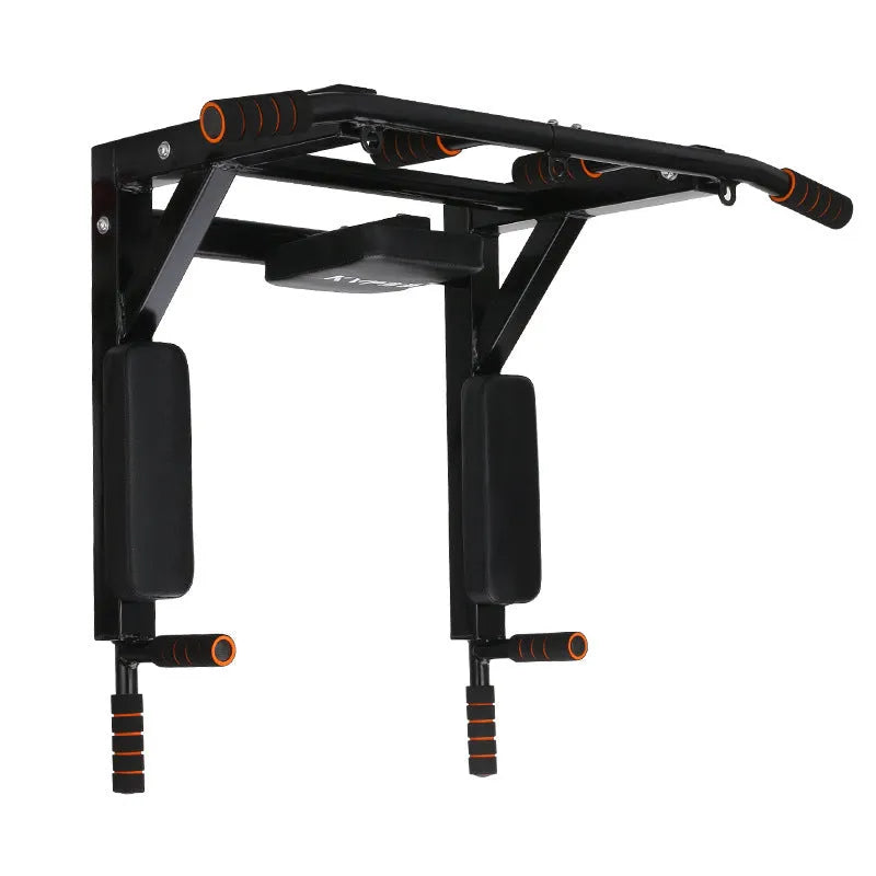 Black wall-mounted fitness equipment with sandbag rack and parallel pull-up bars measuring 77x47x11cm