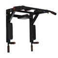 Black wall-mounted fitness equipment with sandbag rack and parallel pull-up bars measuring 77x47x11cm
