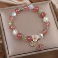 Women's strawberry quartz crystal double layer bracelet with lucky cat charm and red cat's eye flowers decoration