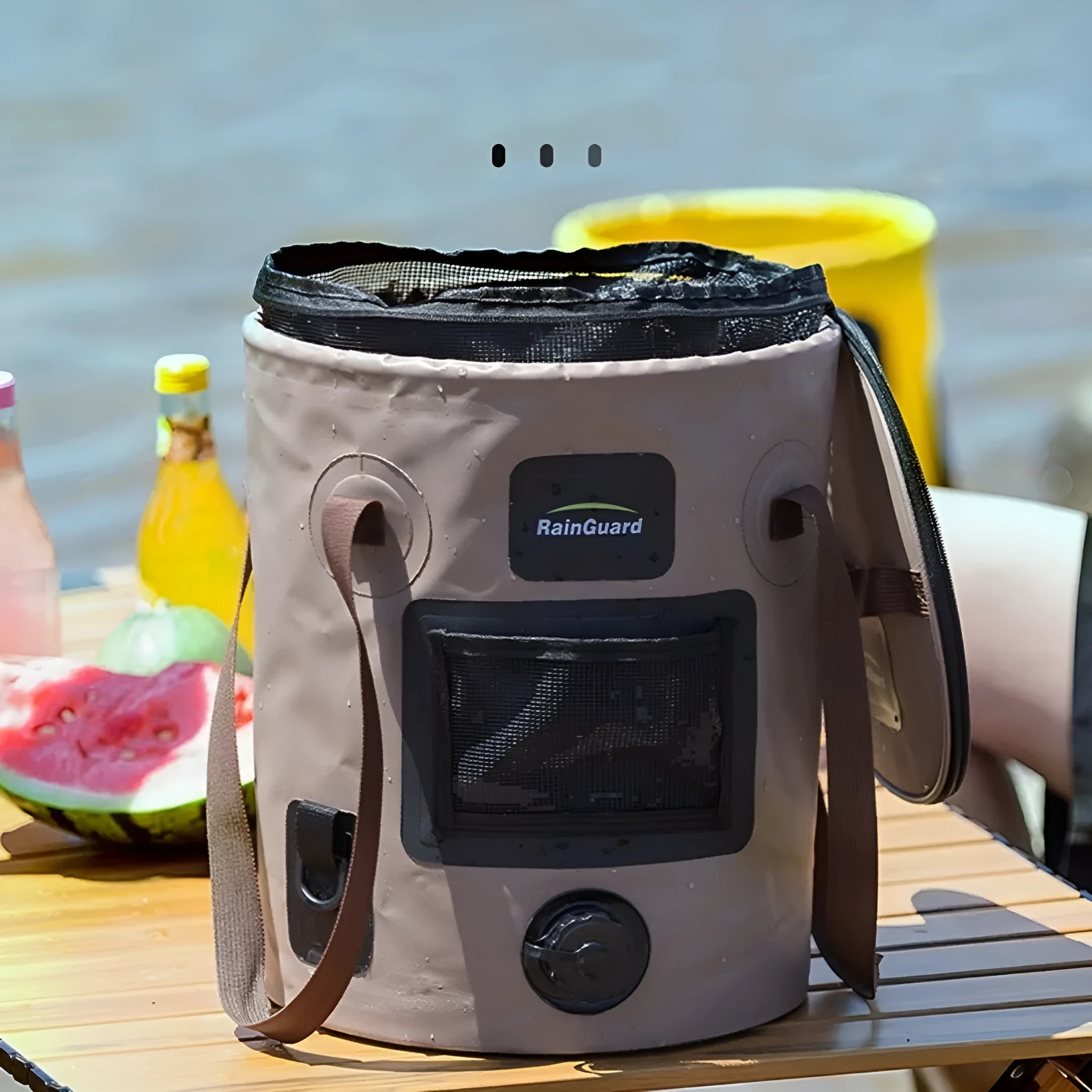 25 litre folding fishing bucket in lemon yellow, orange, coral, green, or blue with optional mesh net pocket