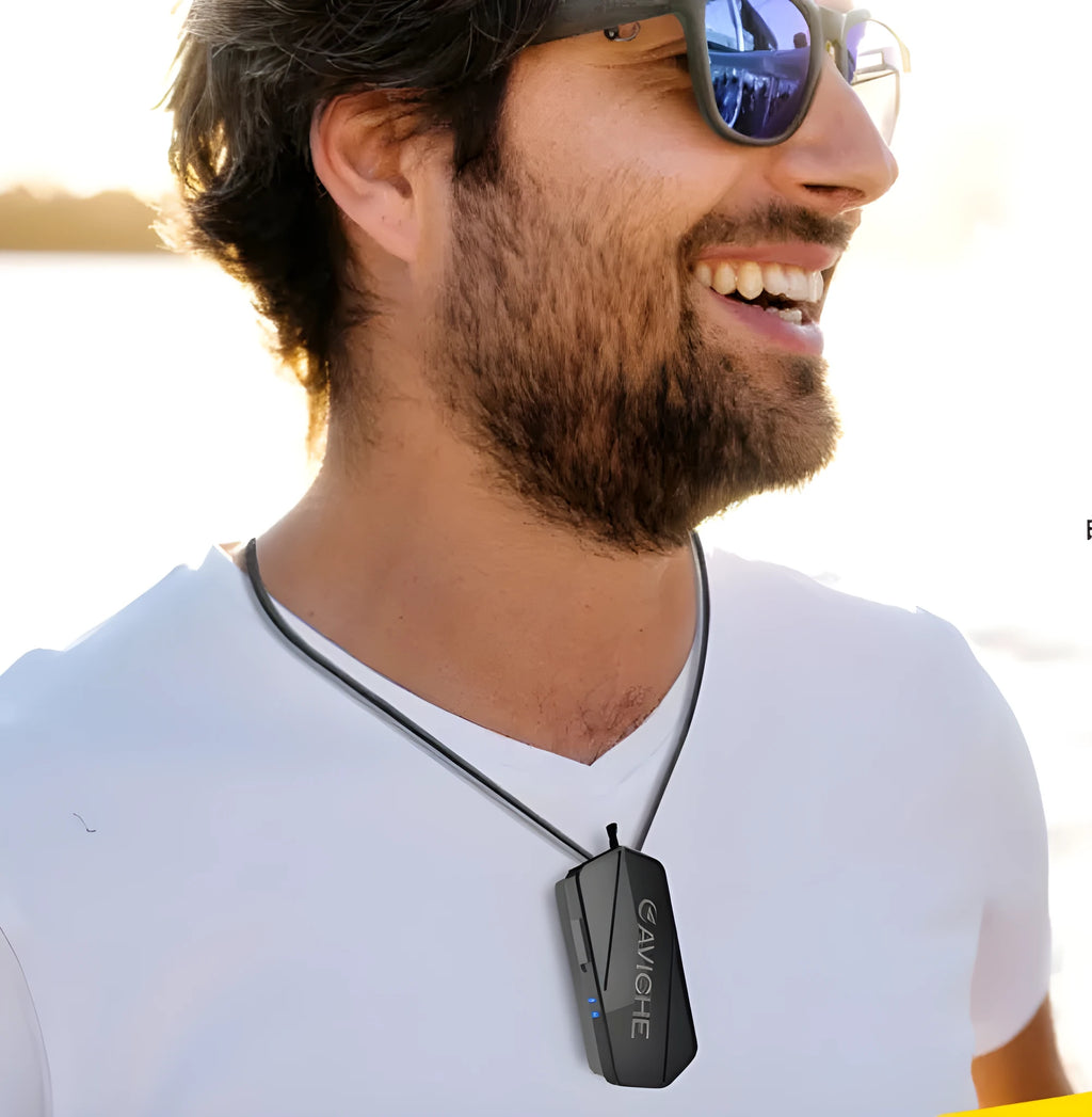 Black plastic air purifier necklace with 650mAh battery measuring 80mm in length