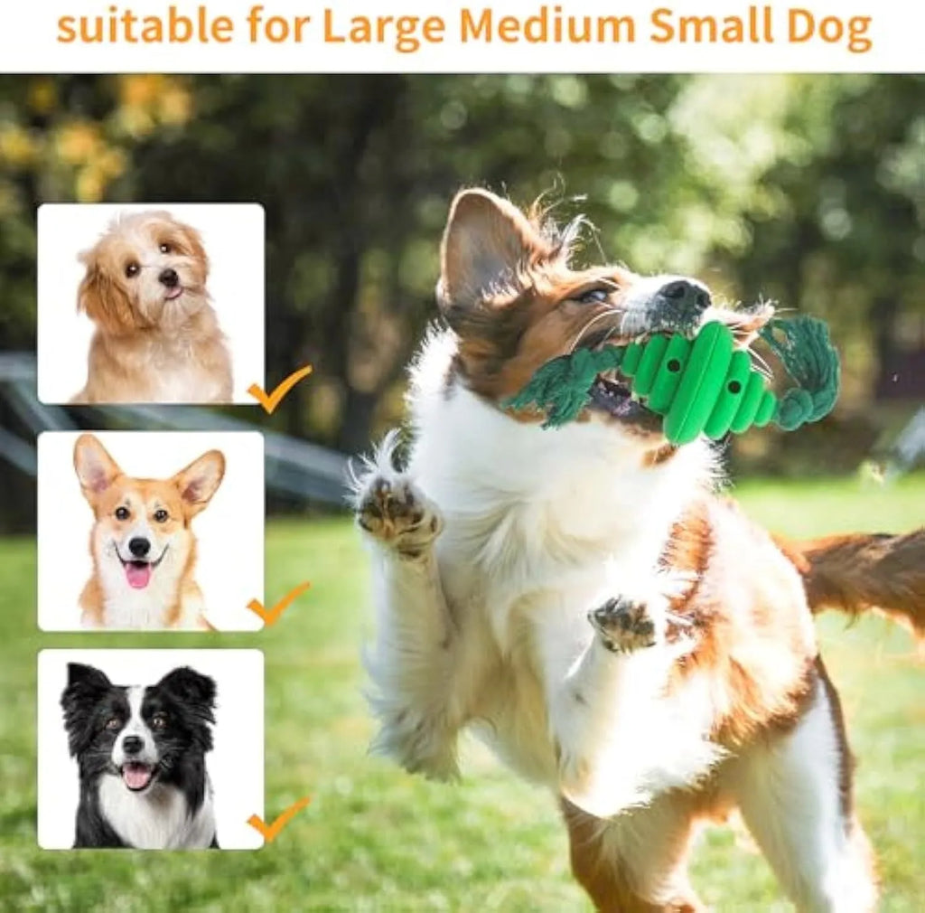 Green and yellow silicone dog ball with integrated rope, showing split spiral design for treat dispensing.