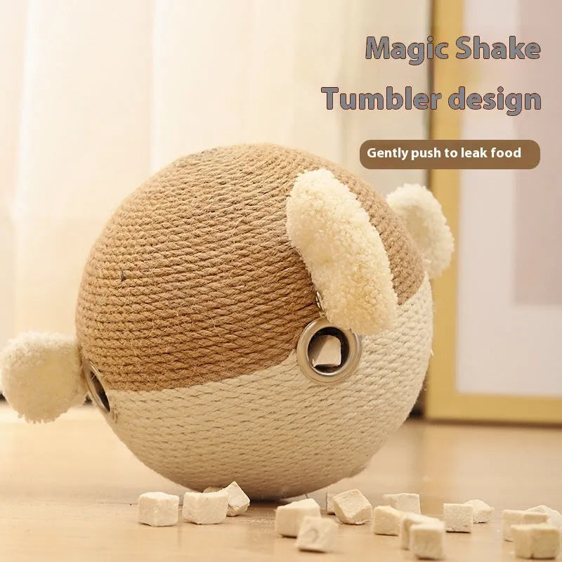 Blue puffer leakage food feeder tumbler puzzle toy for cats and dogs, 15cm sisal cube.