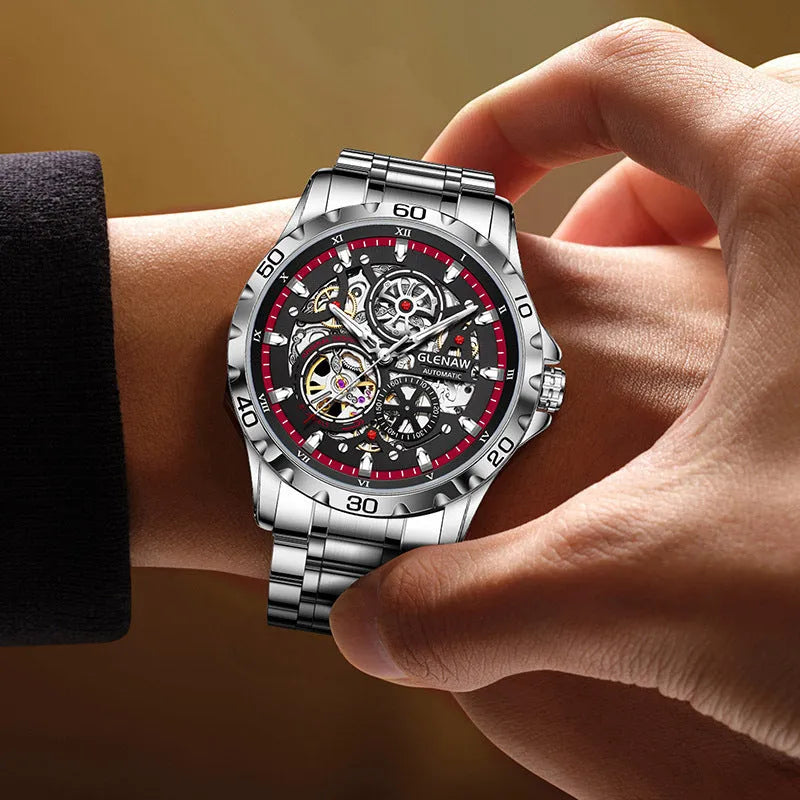 Men's automatic mechanical watch with hollow-out luminous dial and stainless steel strap